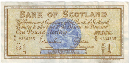 Банкнота 1 фунт. 1967 год, Шотландия.