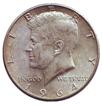 Монета 50 центов. 1964 год (D), США. Джон Кеннеди.