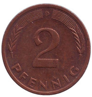 Монета 2 пфеннига. 1976 год (D), ФРГ. Дубовые листья. Монета 2 пфеннига. 1976 год (D), ФРГ. Дубовые листья.