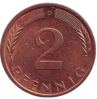 Монета 2 пфеннига. 1995 год (D), ФРГ. Дубовые листья. Монета 2 пфеннига. 1995 год (D), ФРГ. Дубовые листья.
