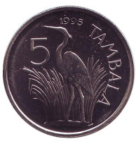 Цапля. Монета 5 тамбал, 1995 год, Малави. (Новый тип)