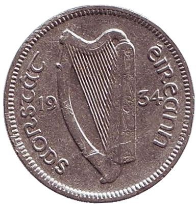 Монета 3 пенса. 1934 год, Ирландия. Заяц. Монета 3 пенса. 1934 год, Ирландия. Заяц.
