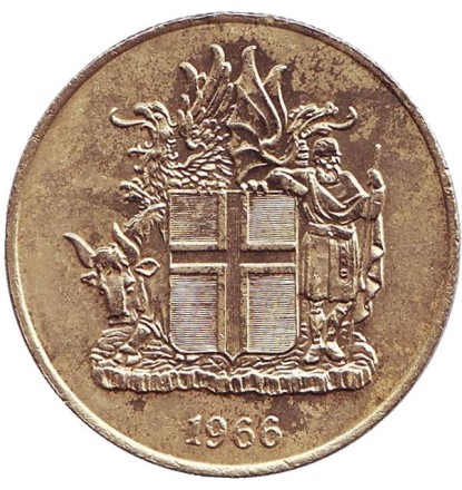 Монета 2 кроны. 1966 год, Исландия.