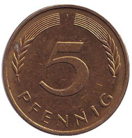 Монета 5 пфеннигов. 1995 год (J), ФРГ. Дубовые листья. Монета 5 пфеннигов. 1995 год (J), ФРГ. Дубовые листья.