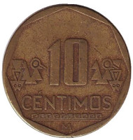 Монета 10 сентимов. 2002 год, Перу. Монета 10 сентимов. 2002 год, Перу.