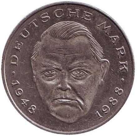 Монета 2 марки. 1992 год (F), ФРГ. Людвиг Эрхард.