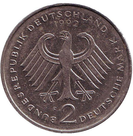 Монета 2 марки. 1992 год (F), ФРГ. Людвиг Эрхард. Монета 2 марки. 1992 год (F), ФРГ. Людвиг Эрхард.