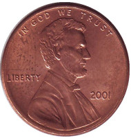 Монета 1 цент. 2001 год (P), США. Линкольн. Монета 1 цент. 2001 год (P), США. Линкольн.