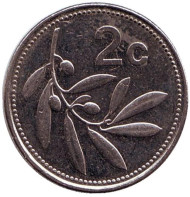Монета 2 цента. 2002 год, Мальта. Оливковая ветвь. Монета 2 цента. 2002 год, Мальта. Оливковая ветвь.