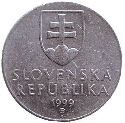 Монета 20 геллеров. 1999 год, Словакия. Пик Кривань Высоких Татр.