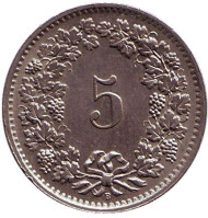 Монета 5 раппенов. 1968 год, Швейцария. Монета 5 раппенов. 1968 год, Швейцария.