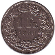 Монета 1 франк. 1980 год, Швейцария. Гельвеция. Монета 1 франк. 1980 год, Швейцария. Гельвеция.