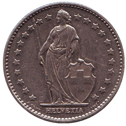 Монета 1 франк. 1980 год, Швейцария. Гельвеция. Монета 1 франк. 1980 год, Швейцария. Гельвеция.