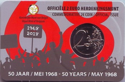 Монета 2 евро. 2018 год, Бельгия. 50 лет студенческим волнениям 1968 года.