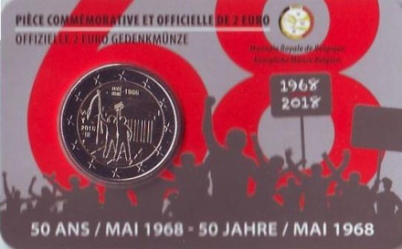 Монета 2 евро. 2018 год, Бельгия. 50 лет студенческим волнениям 1968 года.