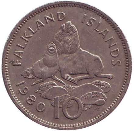 Монета 10 пенсов. 1980 год, Фолклендские острова. Морские львы.