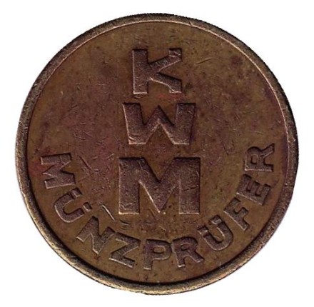 KWM. Munzprufer. Прачечный жетон. (Диаметр 18.5 мм). Германия. Тонкие литеры. KWM. Munzprufer. Прачечный жетон. (Диаметр 18.5 мм). Германия. Тонкие литеры.