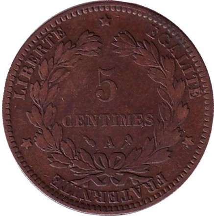 Монета 5 сантимов. 1897 год, Франция.