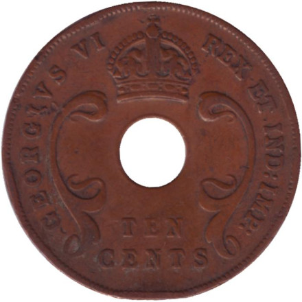 Монета 10 центов, 1941 год, Восточная Африка. Без отметки монетного двора.
