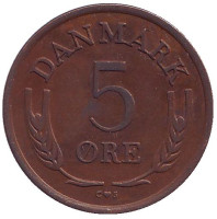 Монета 5 эре. 1962 год, Дания. (бронза)