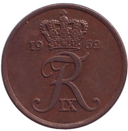 Монета 5 эре. 1962 год, Дания. (Бронза).