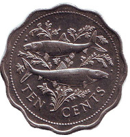 Монета 10 центов, 1980 год, Багамские острова. Рыбы.