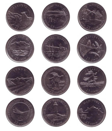 125 лет Конфедерации. Провинции Канады. Набор монет номиналом 25 центов (12 шт.), 1992 год, Канада.