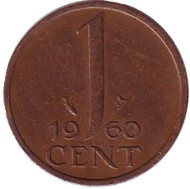 Монета 1 цент. 1960 год, Нидерланды. Монета 1 цент. 1960 год, Нидерланды.