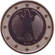 Монета 1 евро. 2003 год (G), Германия. Монета 1 евро. 2003 год (G), Германия.