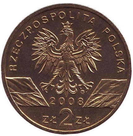Монета 2 злотых, 2008 год, Польша. Сапсан (сокол).