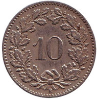 Монета 10 раппенов. 1919 год, Швейцария. Монета 10 раппенов. 1919 год, Швейцария.