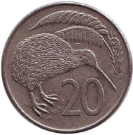 Монета 20 центов. 1985 год, Новая Зеландия. Киви (птица). Монета 20 центов. 1985 год, Новая Зеландия. Киви (птица).