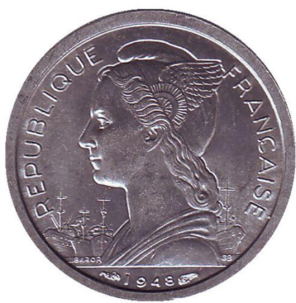 Монета 1 франк. 1948 год, Реюньон. Сахарный тростник.