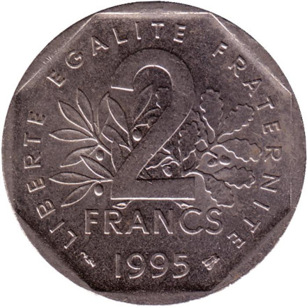 Монета 2 франка. 1995 год, Франция. Редкая!