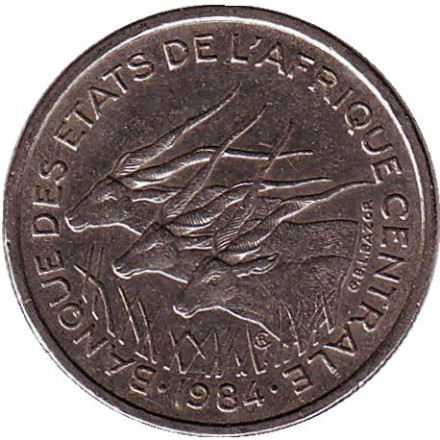 Монета 50 франков. 1984 год (D), Центральные Африканские штаты. Африканские антилопы. (Западные канны).