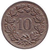 Монета 10 раппенов. 1895 год, Швейцария. Монета 10 раппенов. 1895 год, Швейцария.