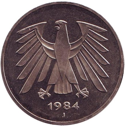 Монета 5 марок. 1984 год (J), Германия. Монета 5 марок. 1984 год (J), Германия.