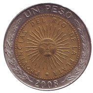 Монета 1 песо. 2008 год, Аргентина. Монета 1 песо. 2008 год, Аргентина.