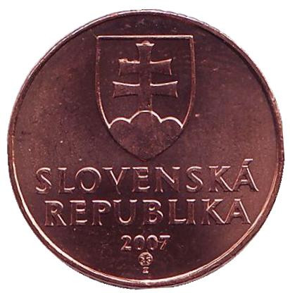 Монета 50 геллеров. 2007 год, Словакия. UNC. Башня замка Девин.
