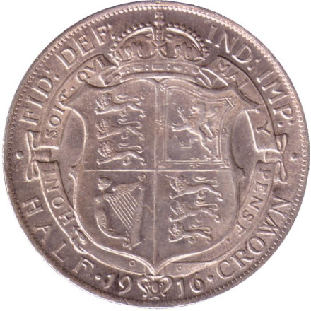 Монета 1/2 кроны. 1916 год, Великобритания. Состояние - XF.