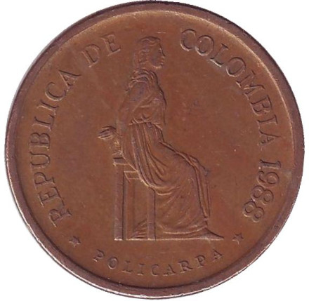 Монета 5 песо. 1988 год, Колумбия. Поликарпа Салавариета Риос.