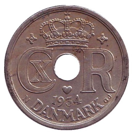 Монета 25 эре. 1934 год, Дания. Монета 25 эре. 1934 год, Дания.