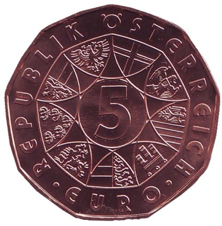 Монета 5 евро. 2017 год, Австрия. 150 лет Дунайскому вальсу.