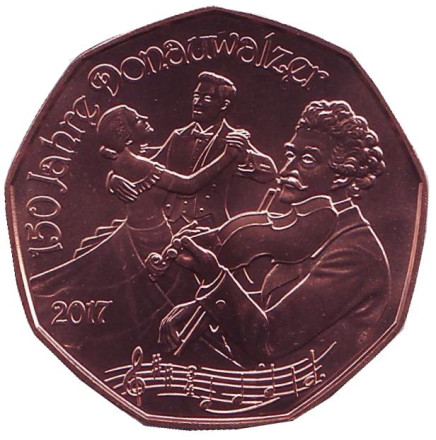 Монета 5 евро. 2017 год, Австрия. 150 лет Дунайскому вальсу.