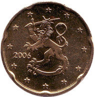 Монета 20 центов. 2006 год, Финляндия. Монета 20 центов. 2006 год, Финляндия.