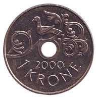 Монета 1 крона. 2000 год, Норвегия. UNC. Птица на виноградной лозе. Монета 1 крона. 2000 год, Норвегия. UNC. Птица на виноградной лозе.