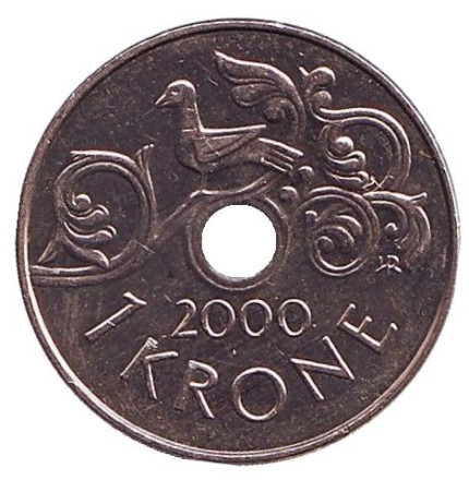 Монета 1 крона. 2000 год, Норвегия. UNC. Птица на виноградной лозе.