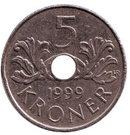 Монета 5 крон. 1999 год, Норвегия. Монета 5 крон. 1999 год, Норвегия.