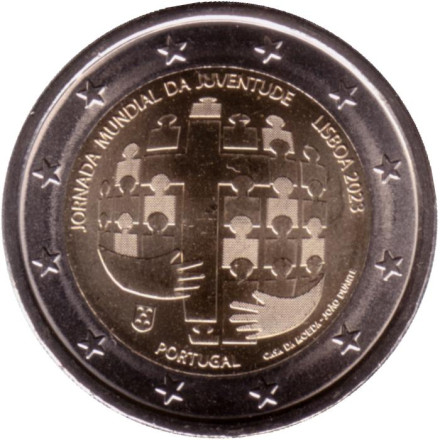 Монета 2 евро. 2023 год, Португалия. Всемирный день молодежи в Лиссабоне.
