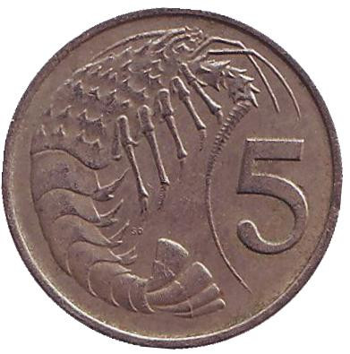 Монета 5 центов. 1972 год, Каймановы острова. Розово-пятнистая креветка.